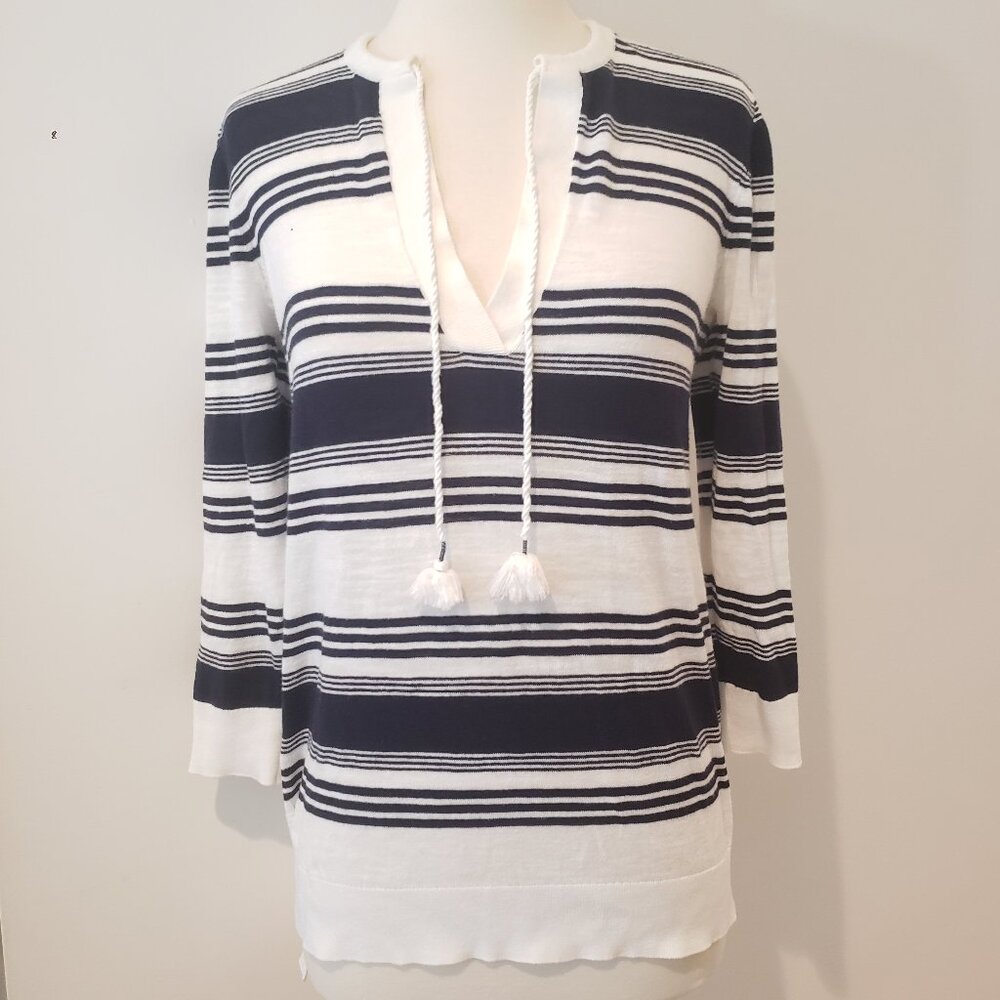 LOFT Cotton Navy and White Lightweight Sweater